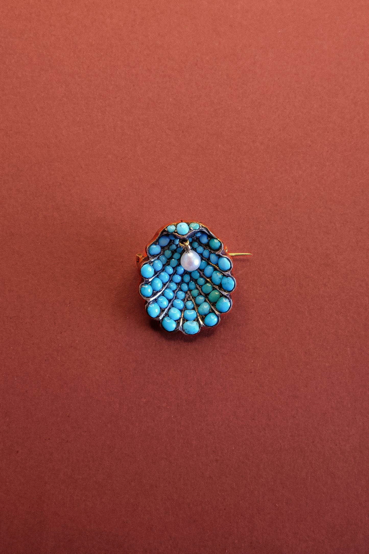 Victorian Turquoise & Pearl Clam Brooch